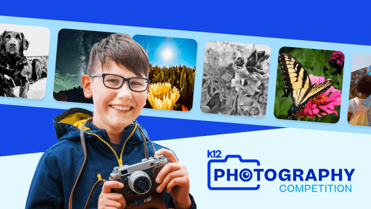 A smiling child holds a vintage camera. Above, a competition banner displays various nature photos: dog, sunrise, flower, butterfly, and landscape.