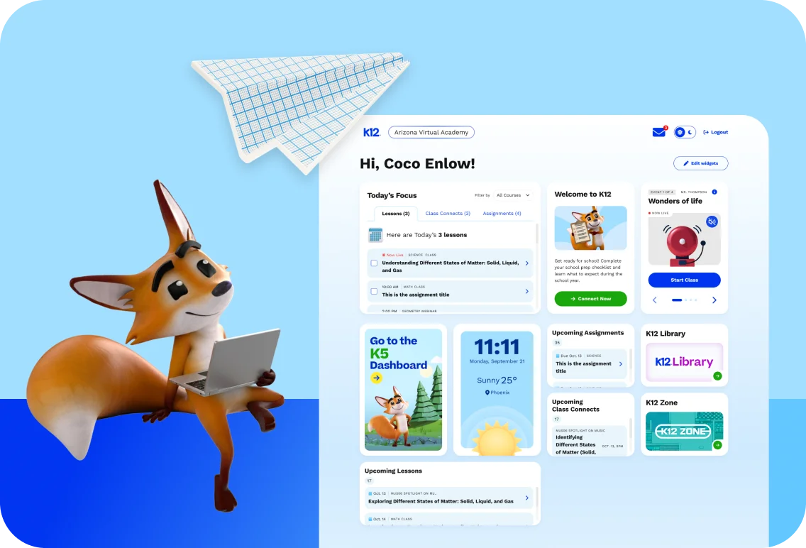 A cartoon fox holding a laptop sits next to an online learning dashboard titled "Hi, Coco Enlow!" The page includes lessons, a library, and a sunny weather widget. A paper airplane is flying above the dashboard. The tone is educational and friendly.