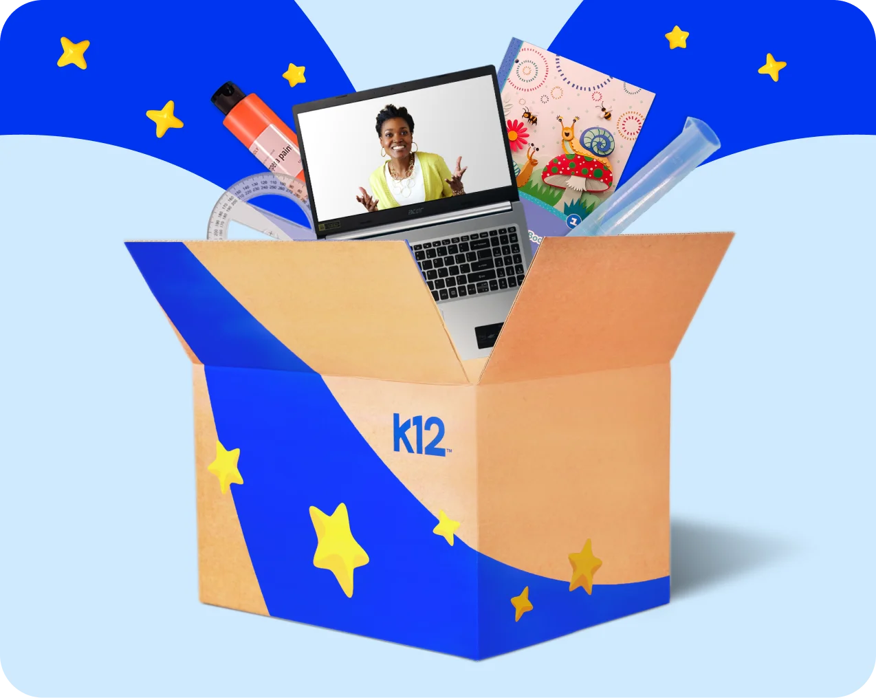 Open box with a laptop displaying a smiling person, surrounded by school supplies like a notebook, protractor, and colorful stars on a blue background.