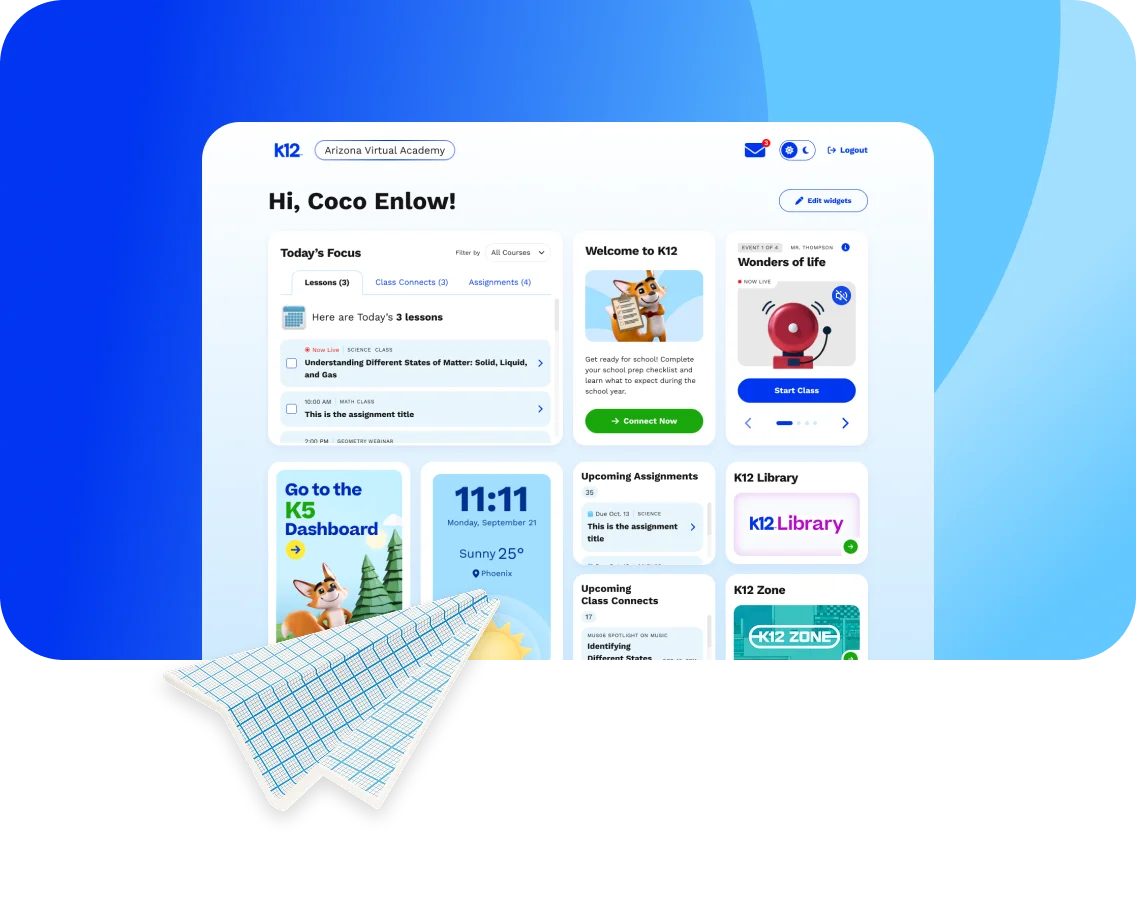 K12 virtual academy dashboard with lesson details, upcoming assignments, and class connect times. Features playful graphics and a checkered paper airplane.