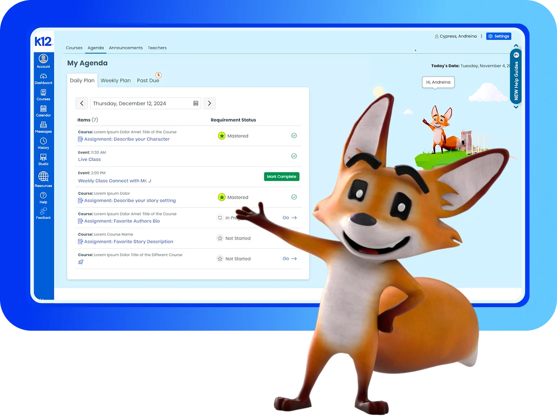 A cheerful cartoon fox points to an educational interface on a blue screen displaying a student's agenda with tasks and status indicators. The tone is playful and engaging.