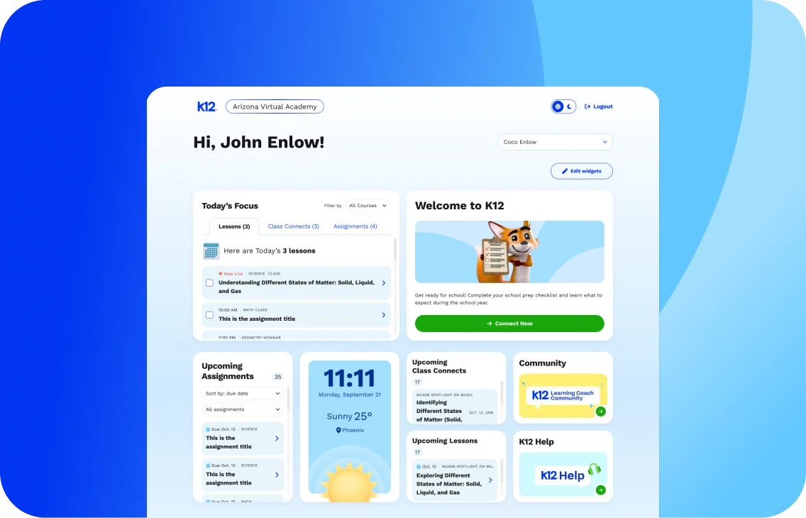 Online dashboard for Arizona Virtual Academy, displaying lesson plans, upcoming assignments, and community resources. Welcoming and organized layout.