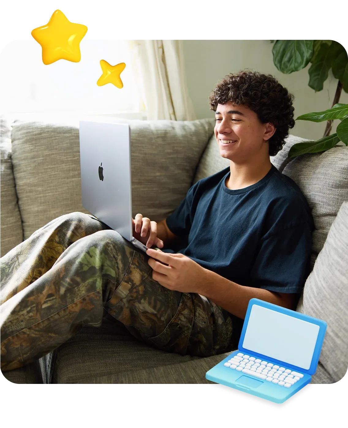 Teen sitting on a couch, smiling at a laptop, wearing camo pants and a dark shirt. Bright star graphics and a toy laptop add a playful touch.