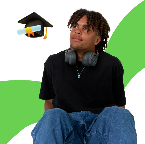 Person seated with headphones around the neck, looking upward beside a graduation cap and diploma graphic. Green geometric shapes appear in the background.