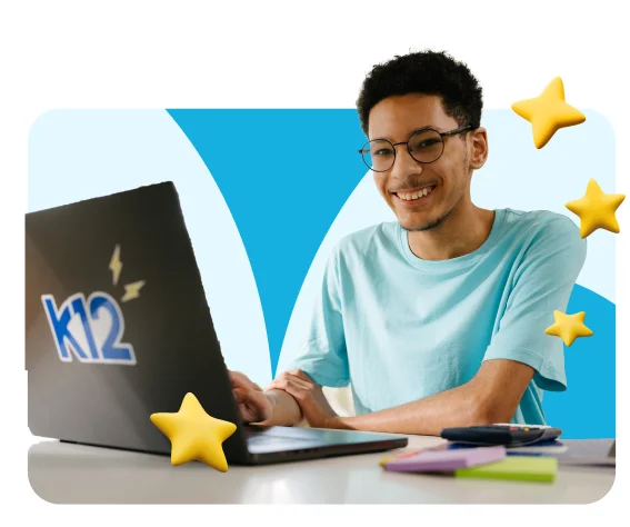 Person wearing glasses uses a K12 laptop at a desk with notebooks and a calculator nearby. Decorative star graphics and blue geometric shapes appear in the background.