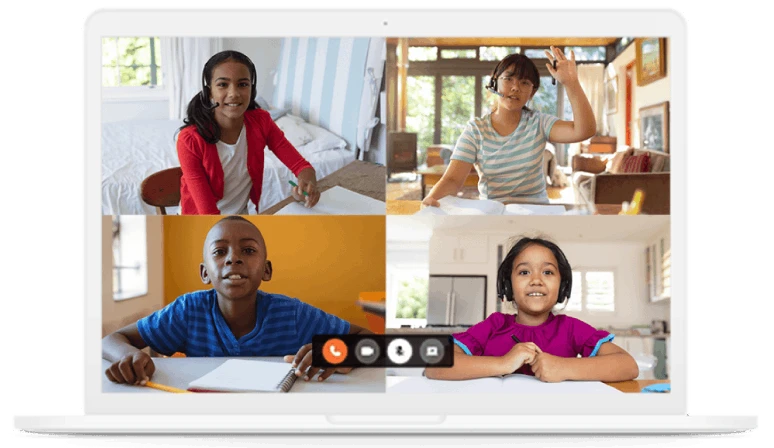 Laptop screen showing a video call with four children studying. Each child is in a different room, wearing headsets, and appearing focused and engaged.