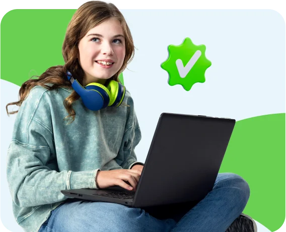 Learner enrolled in an online summer school program, using a laptop for coursework with graphics that represent successful enrollment and academic progress.