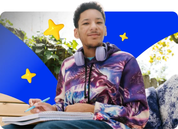 Person seated outdoors with a notebook and pen, wearing headphones around the neck. Decorative blue graphic shapes and yellow star illustrations appear in the background.