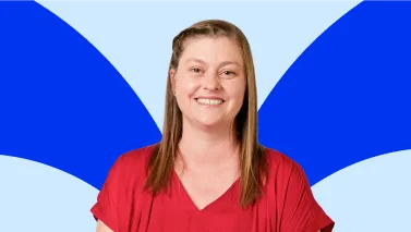 A smiling person in a red shirt against a vibrant blue and light blue abstract background. The tone is cheerful and friendly.
