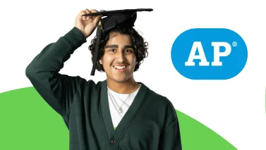 Smiling person in a green sweater holds a graduation cap on their head. AP logo is to the right. Background features white and green tones.