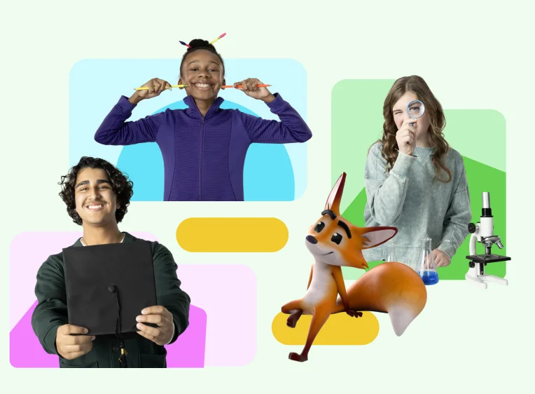 Three children with diverse interests are showcased: one smiling with pencils, another holding a graduation cap, and a girl looking through a magnifying glass near a microscope. A cartoon fox adds a playful element. The background features colorful, overlapping shapes, creating a fun and educational tone.