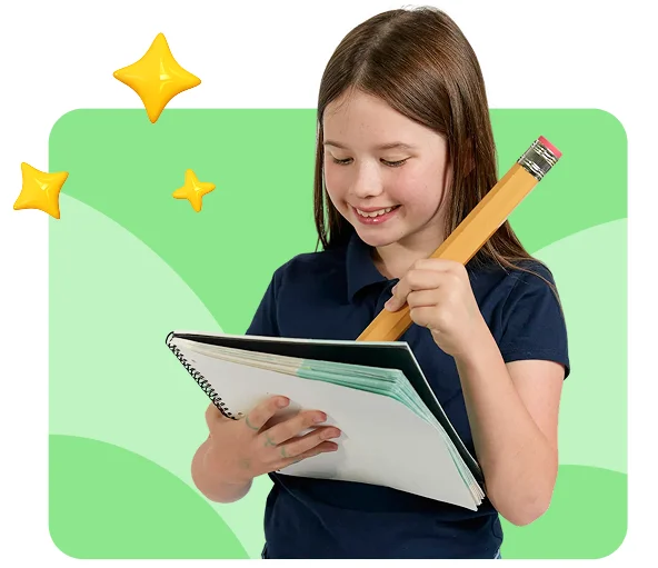 A smiling young girl in a navy shirt holds a large novelty pencil and a notebook. She looks focused and happy. The background is green with yellow star graphics.