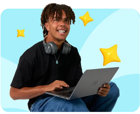 A cheerful person with headphones around their neck holds a laptop, seated against a light blue background with yellow stars. The scene conveys a positive and relaxed mood.