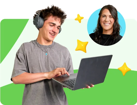 A young man with headphones smiles while using a laptop. A woman's portrait is in a circle above him. The background is a mix of green and blue with yellow star icons, conveying a cheerful mood.