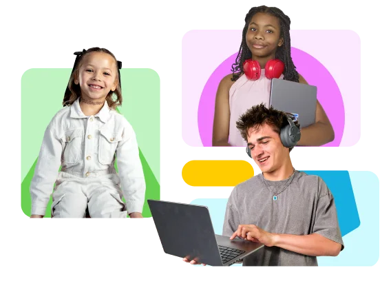 Collage of three learners using technology for online education. One learner sits with a laptop, another holds a laptop with headphones around the neck, and a third wears headphones while working on a laptop. Colorful geometric shapes appear in the background.