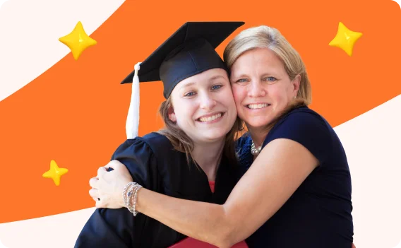 Graduate celebrates an academic milestone with a supportive family member, highlighting student achievement and graduation success.