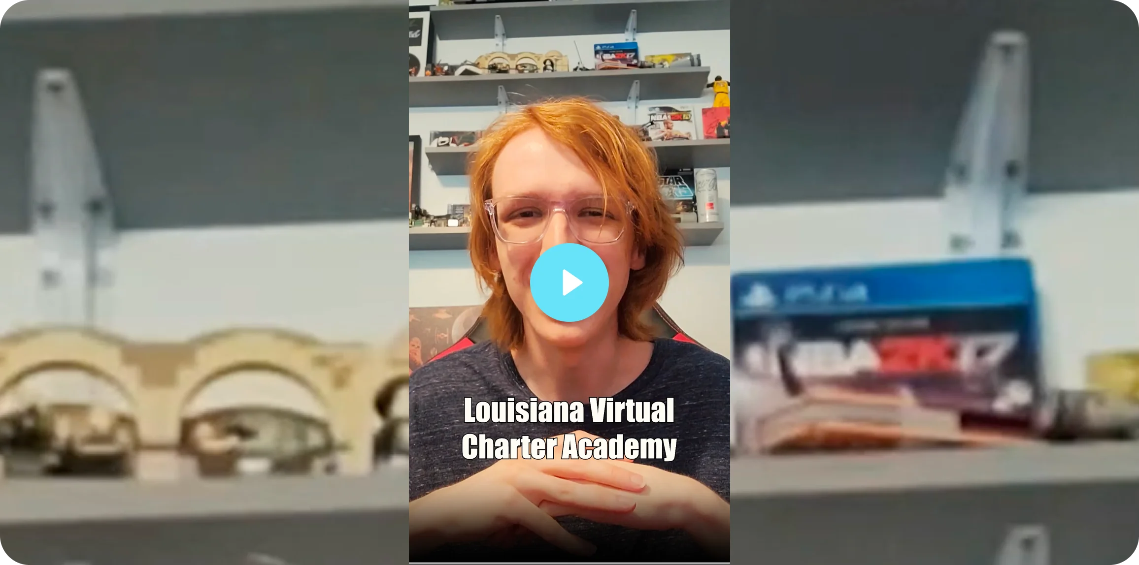 Student testimonial video thumbnail featuring a person seated in a gaming-themed room with the text Louisiana Virtual Charter Academy