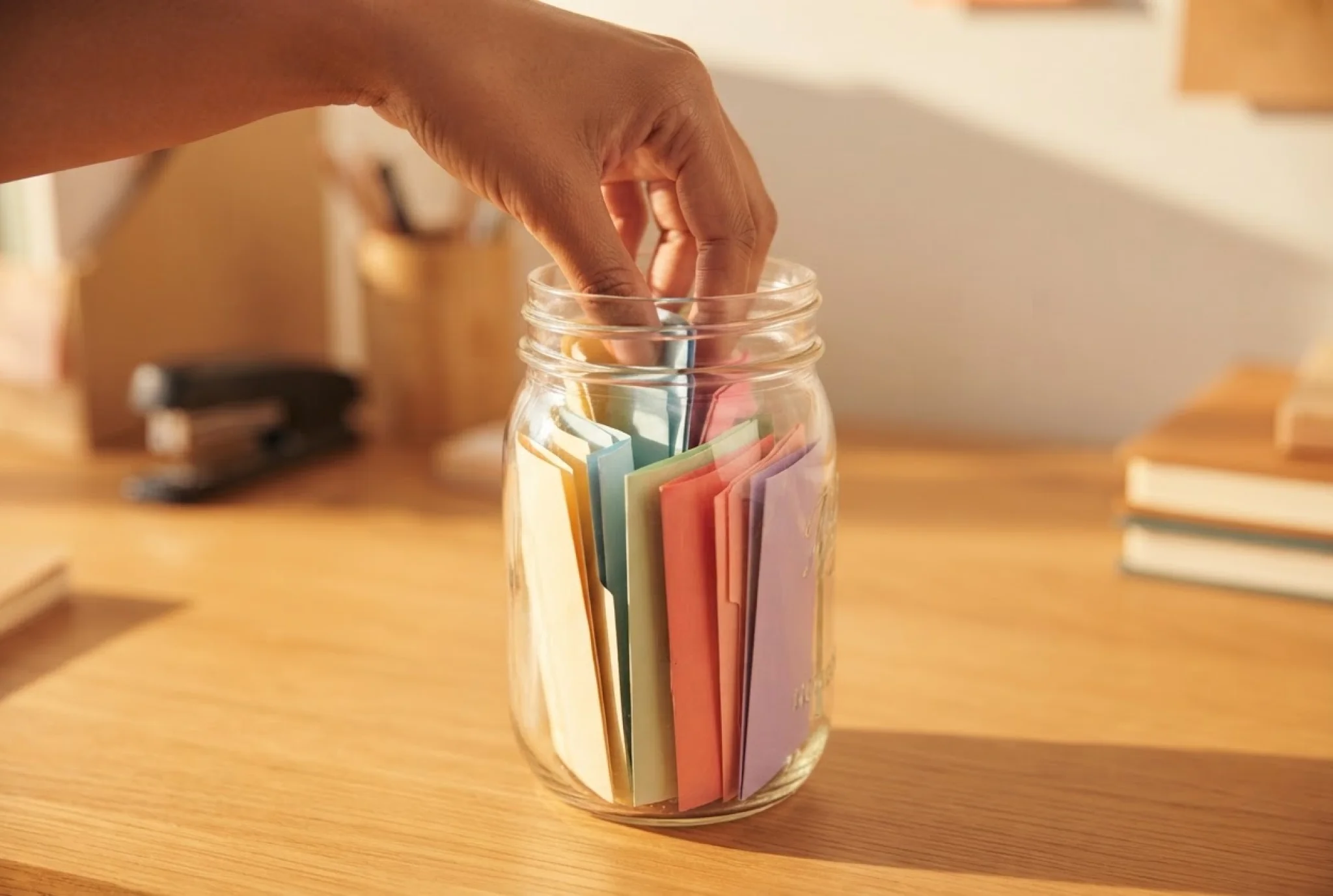 Activity countdown jar filled with colorful paper slips, illustrating a creative way for families to count down to the start of the school year.