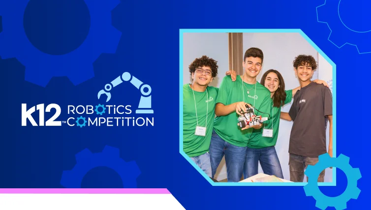 K12 Robotics Competition promotional graphic featuring four students showcasing a robotics project, highlighting teamwork, innovation, and hands-on STEM learning.