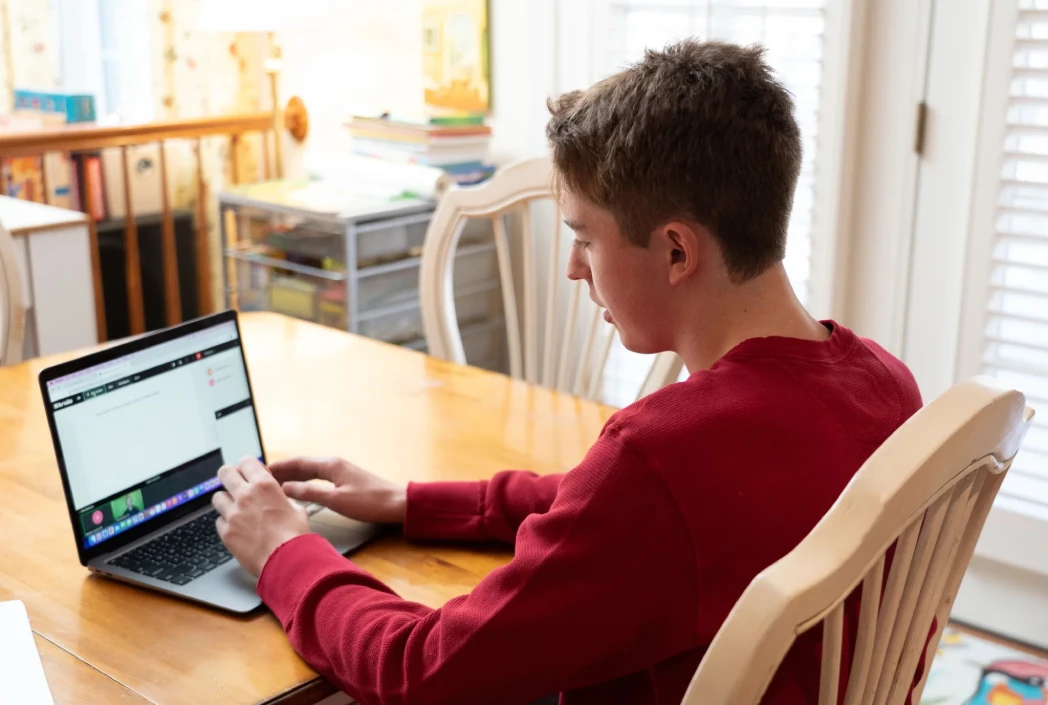 Student explores online coursework from home, highlighting access to diverse classes, specialized subjects, and learning opportunities beyond local school boundaries.