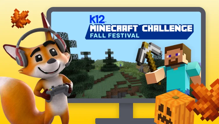 K12 Minecraft Challenge Fall Festival promotional graphic featuring Minecraft gameplay and creative learning experiences that build problem-solving.