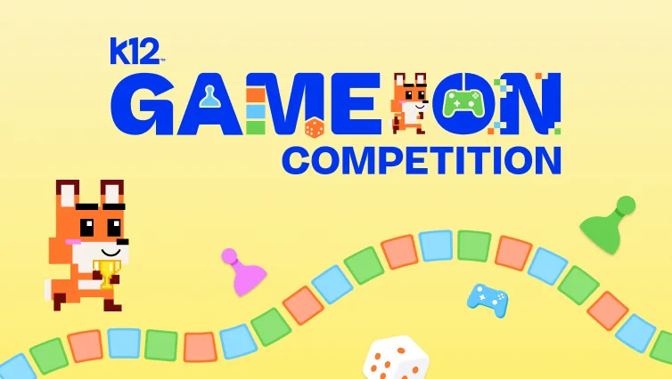 K12 Game On Competition promotional graphic featuring board game elements and educational challenges that help students develop creativity, strategic