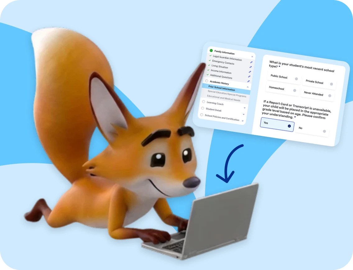 Strider the Fox guides families through the online school enrollment process using a digital registration platform.