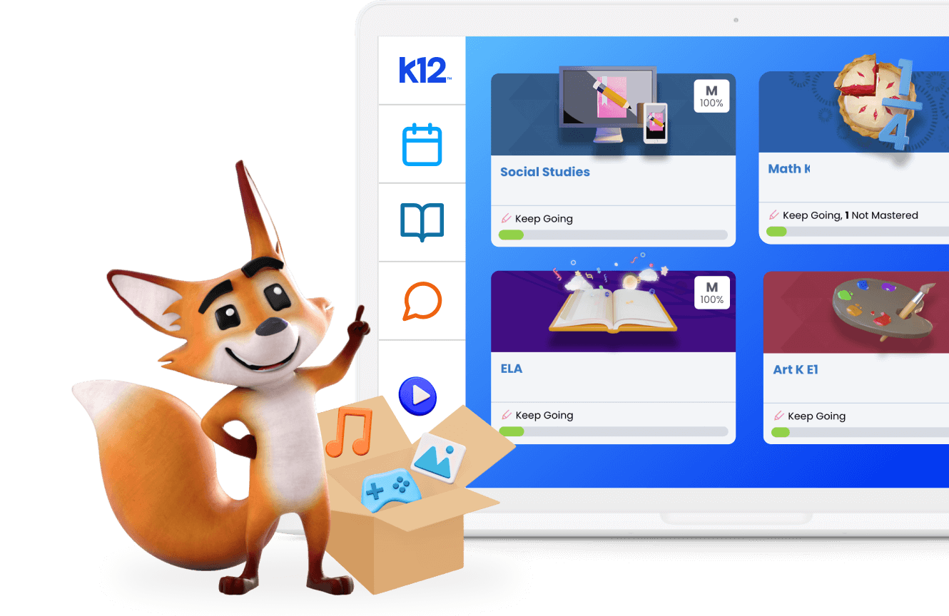 Strider, the fox, pointing to the digital curriculum available for K12.